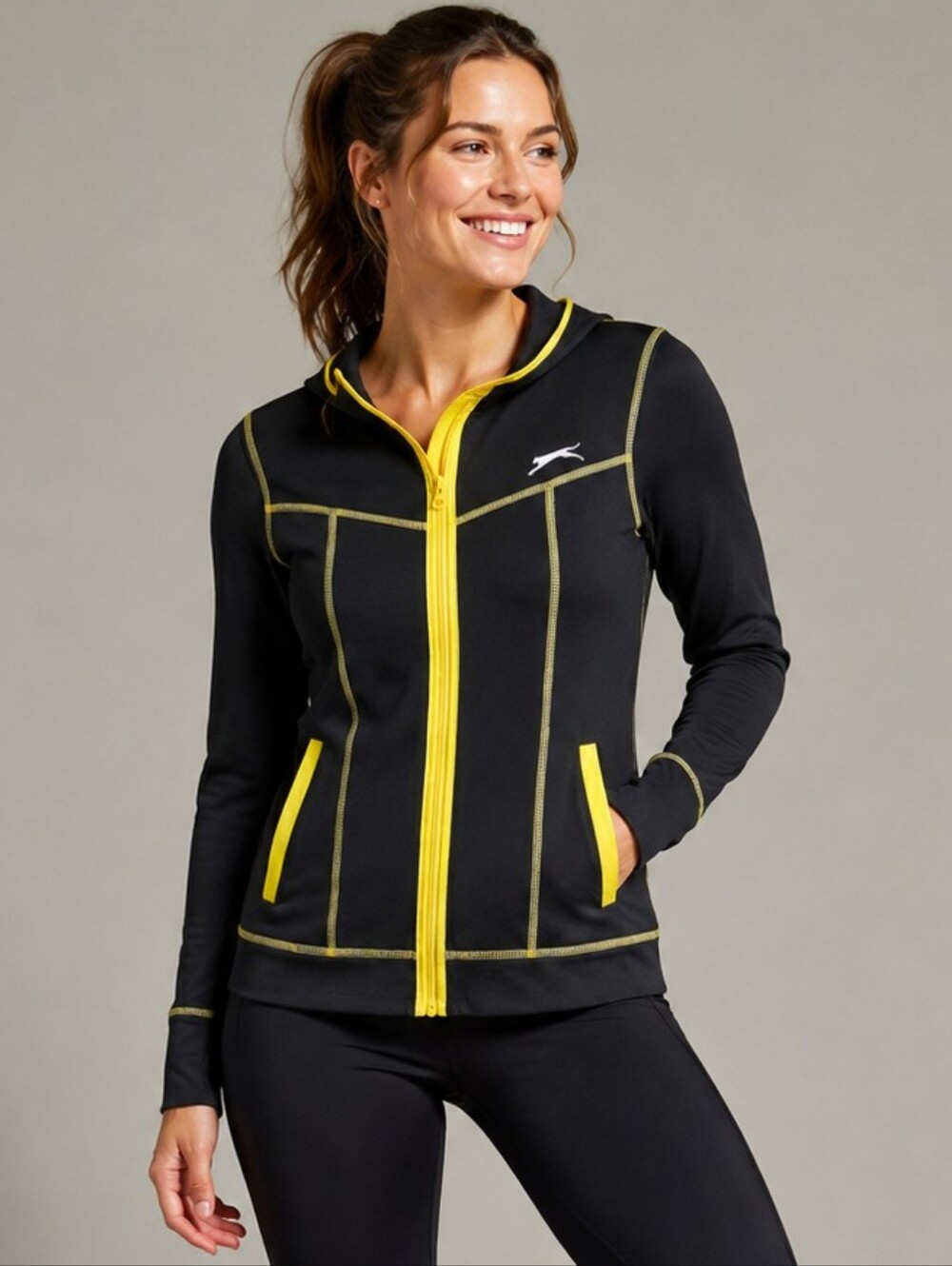 Slazenger | Black Zip-Up Hoodie with Yellow Trim, Size M